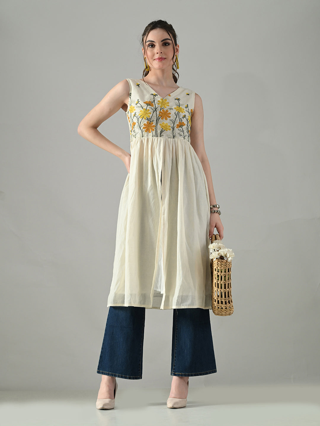 Myshka Women Off White Multicolor Thread Embroidered Sleeveless Long Kurta - Distacart