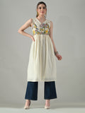 Myshka Women Off White Multicolor Thread Embroidered Sleeveless Long Kurta - Distacart
