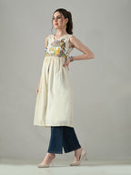 Myshka Women Off White Multicolor Thread Embroidered Sleeveless Long Kurta - Distacart