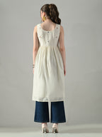 Myshka Women Off White Multicolor Thread Embroidered Sleeveless Long Kurta - Distacart