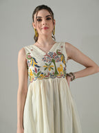 Myshka Women Off White Multicolor Thread Embroidered Sleeveless Long Kurta - Distacart