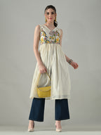 Myshka Women Off White Multicolor Thread Embroidered Sleeveless Long Kurta - Distacart
