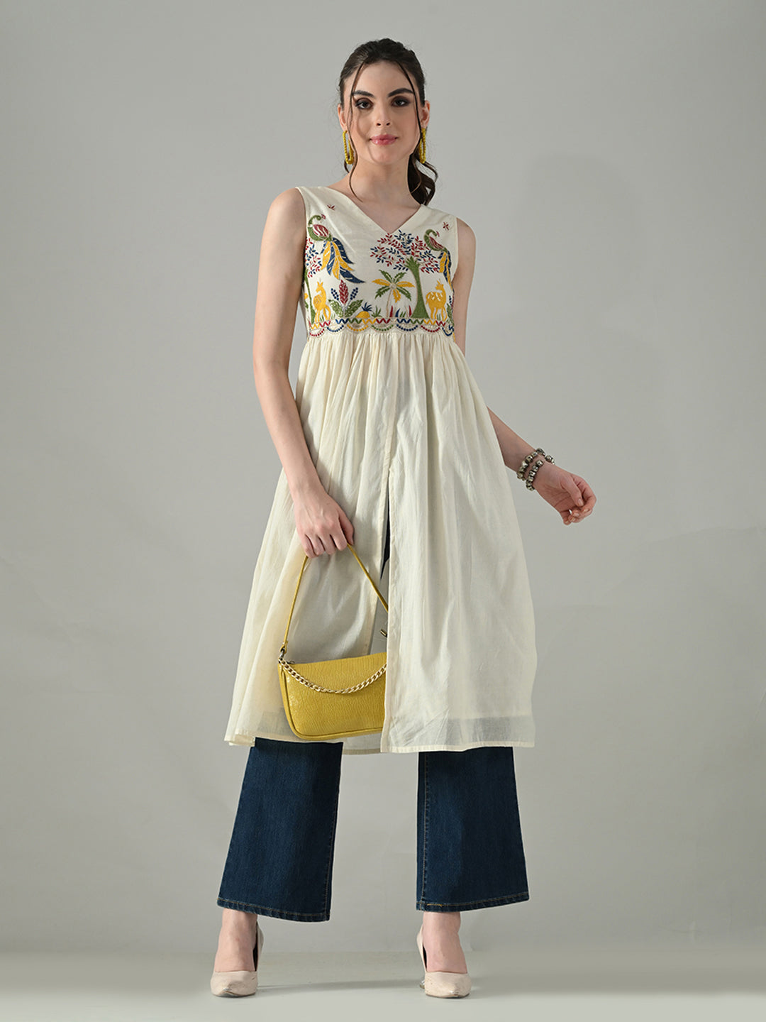 Myshka Women Off White Multicolor Thread Embroidered Sleeveless Long Kurta - Distacart