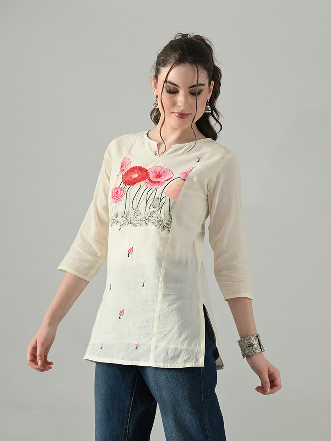 Myshka Women Off White Multicolor Thread Embroidered Tunic Three Quarter Sleeves Round Neck - Distacart