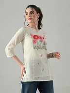 Myshka Women Off White Multicolor Thread Embroidered Tunic Three Quarter Sleeves Round Neck - Distacart