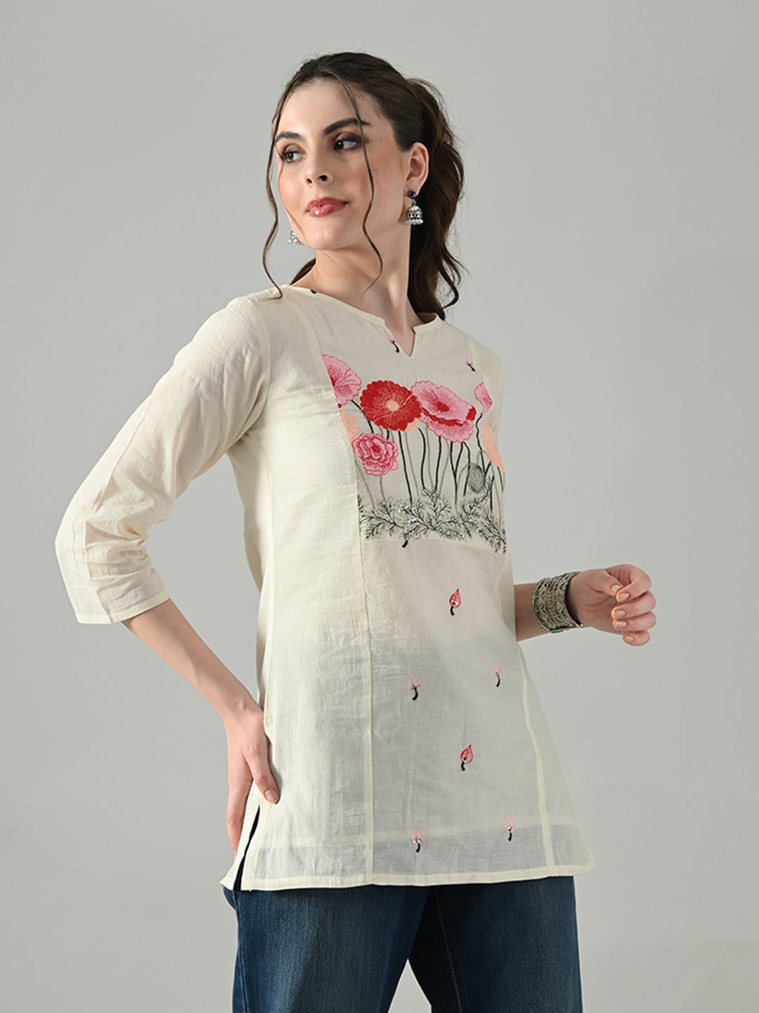 Myshka Women Off White Multicolor Thread Embroidered Tunic Three Quarter Sleeves Round Neck - Distacart