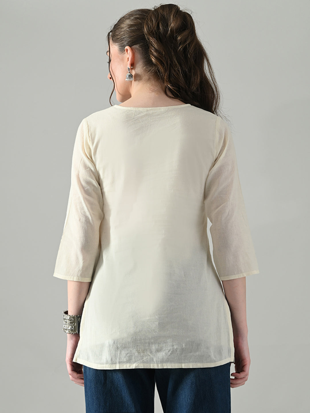 Myshka Women Off White Multicolor Thread Embroidered Tunic Three Quarter Sleeves Round Neck - Distacart