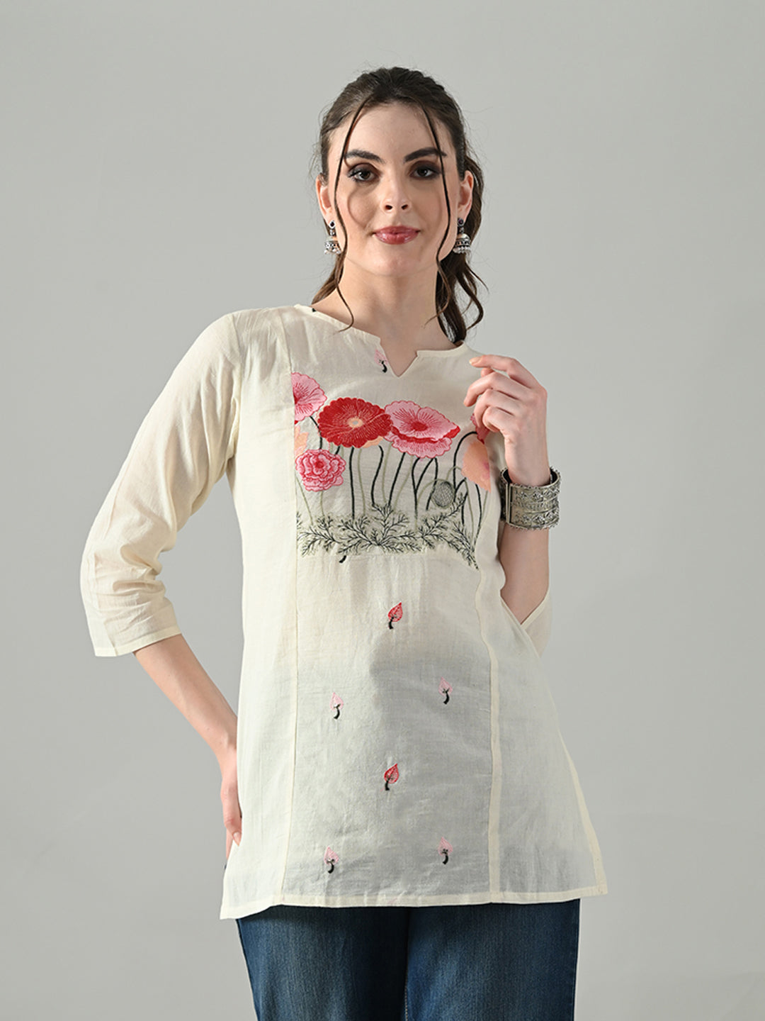 Myshka Women Off White Multicolor Thread Embroidered Tunic Three Quarter Sleeves Round Neck - Distacart