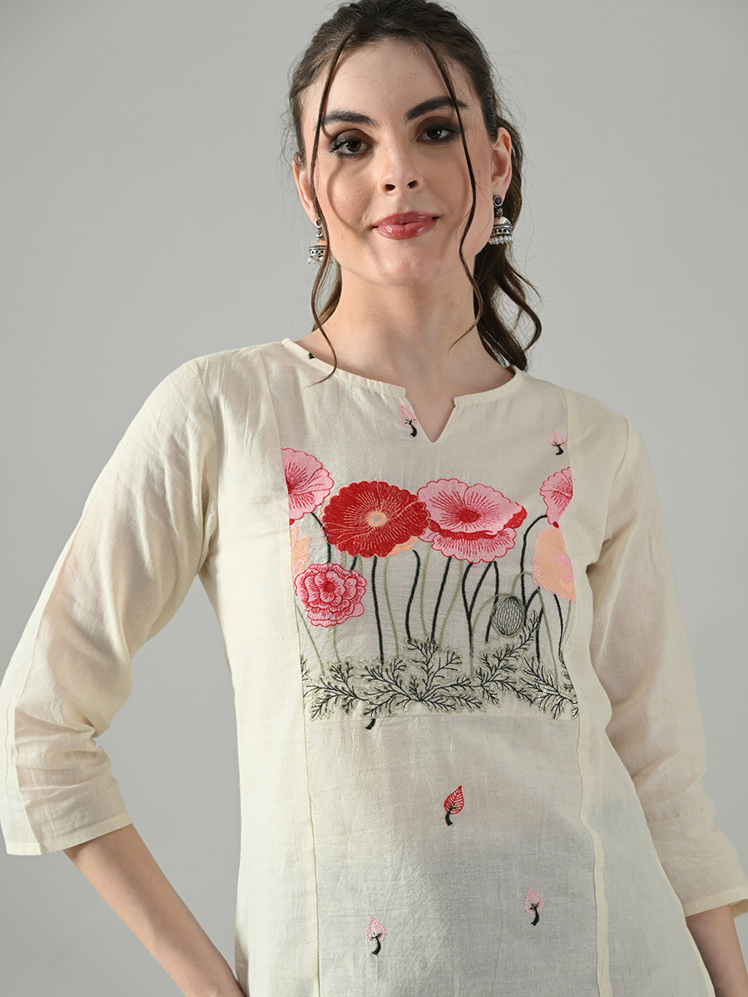 Myshka Women Off White Multicolor Thread Embroidered Tunic Three Quarter Sleeves Round Neck - Distacart