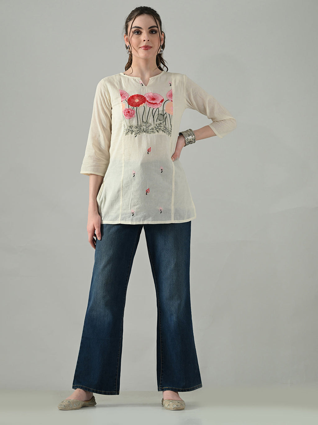 Myshka Women Off White Multicolor Thread Embroidered Tunic Three Quarter Sleeves Round Neck - Distacart