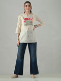 Myshka Women Off White Multicolor Thread Embroidered Tunic Three Quarter Sleeves Round Neck - Distacart