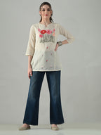 Myshka Women Off White Multicolor Thread Embroidered Tunic Three Quarter Sleeves Round Neck - Distacart