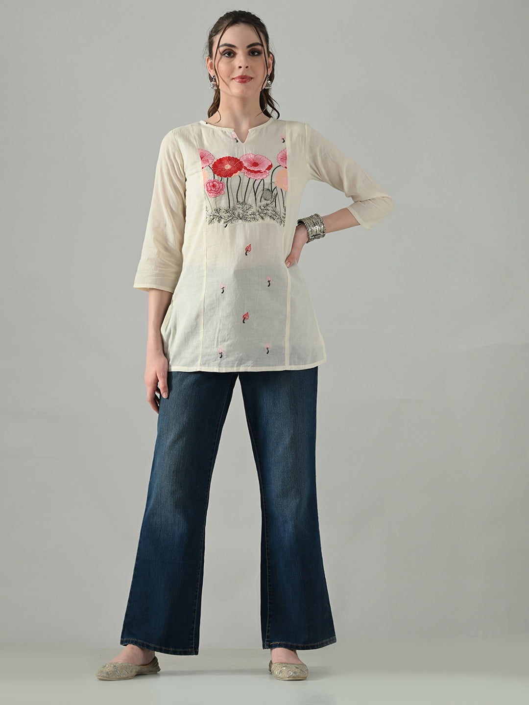 Myshka Women Off White Multicolor Thread Embroidered Tunic Three Quarter Sleeves Round Neck - Distacart