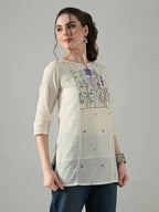 Myshka Women Off White Multicolor Thread Embroidered Tunic Three Quarter Sleeves Round Neck