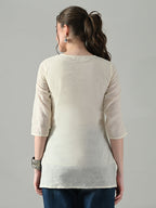 Myshka Women Off White Multicolor Thread Embroidered Tunic Three Quarter Sleeves Round Neck