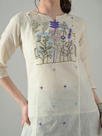 Myshka Women Off White Multicolor Thread Embroidered Tunic Three Quarter Sleeves Round Neck
