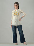 Myshka Women Off White Multicolor Thread Embroidered Tunic Three Quarter Sleeves Round Neck