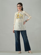 Myshka Women Off White Multicolor Thread Embroidered Tunic Three Quarter Sleeves Round Neck