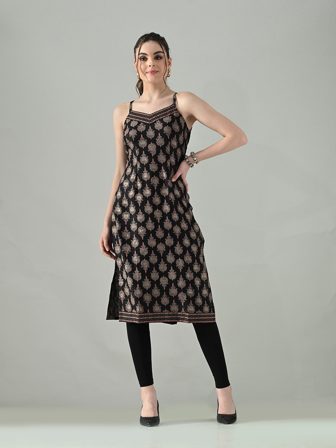 Myshka Women Off White Multicolor Thread Embroidered Sleeveless Long Kurta
