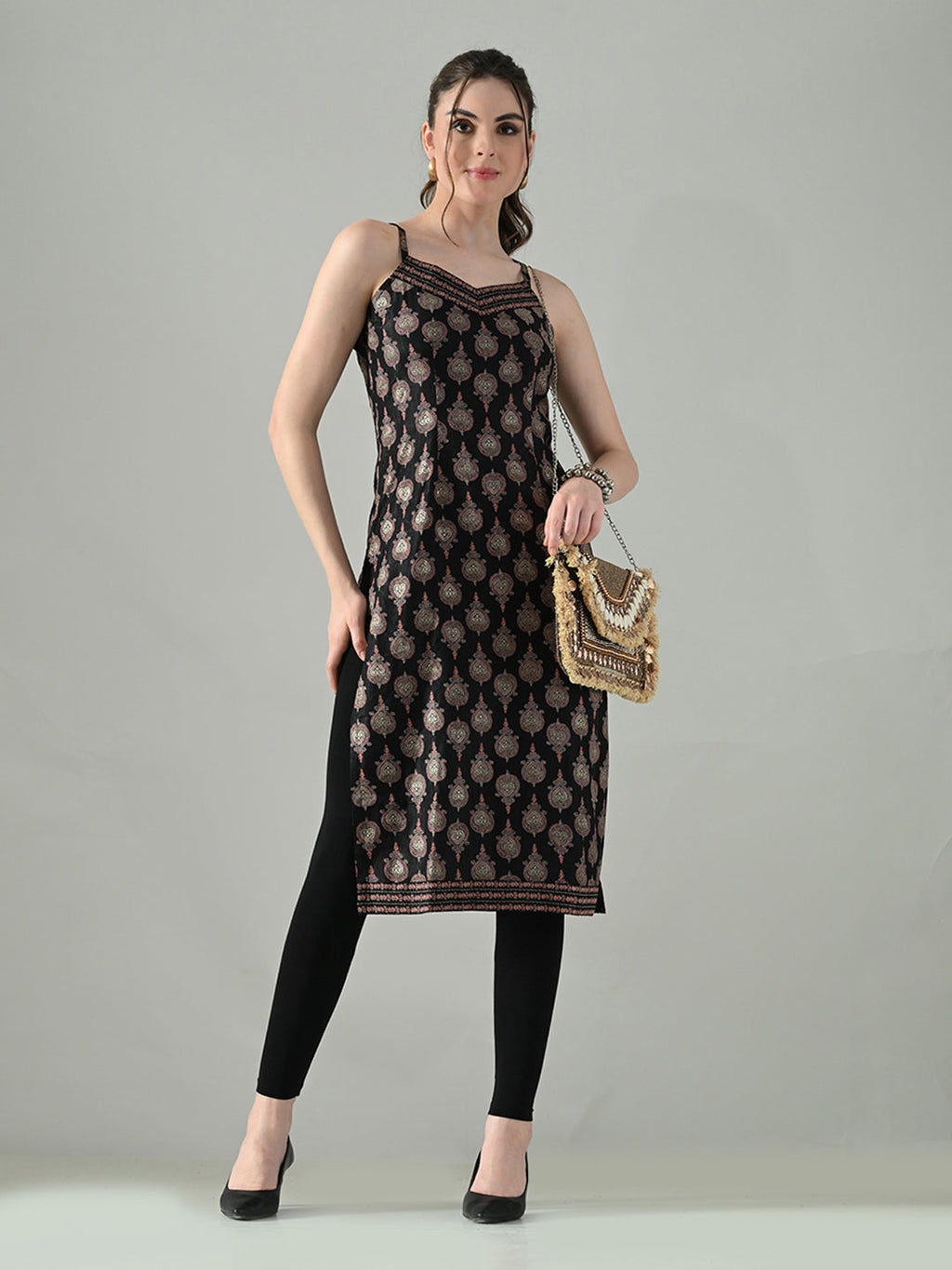 Myshka Women Off White Multicolor Thread Embroidered Sleeveless Long Kurta