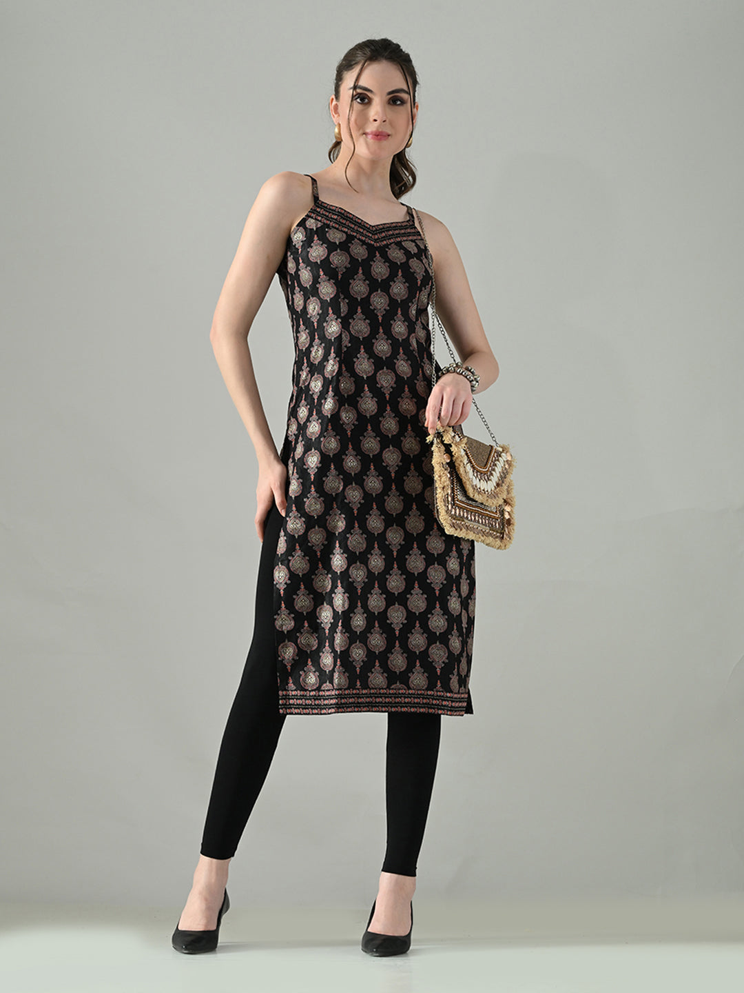 Myshka Women Off White Multicolor Thread Embroidered Sleeveless Long Kurta