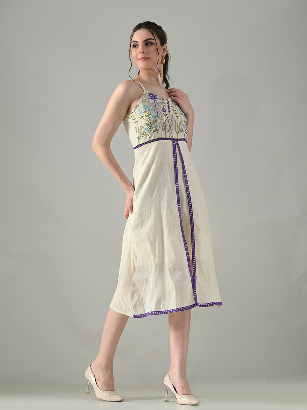 Myshka Women Off White Multicolor Thread Embroidered Strap Midi Dress - Distacart