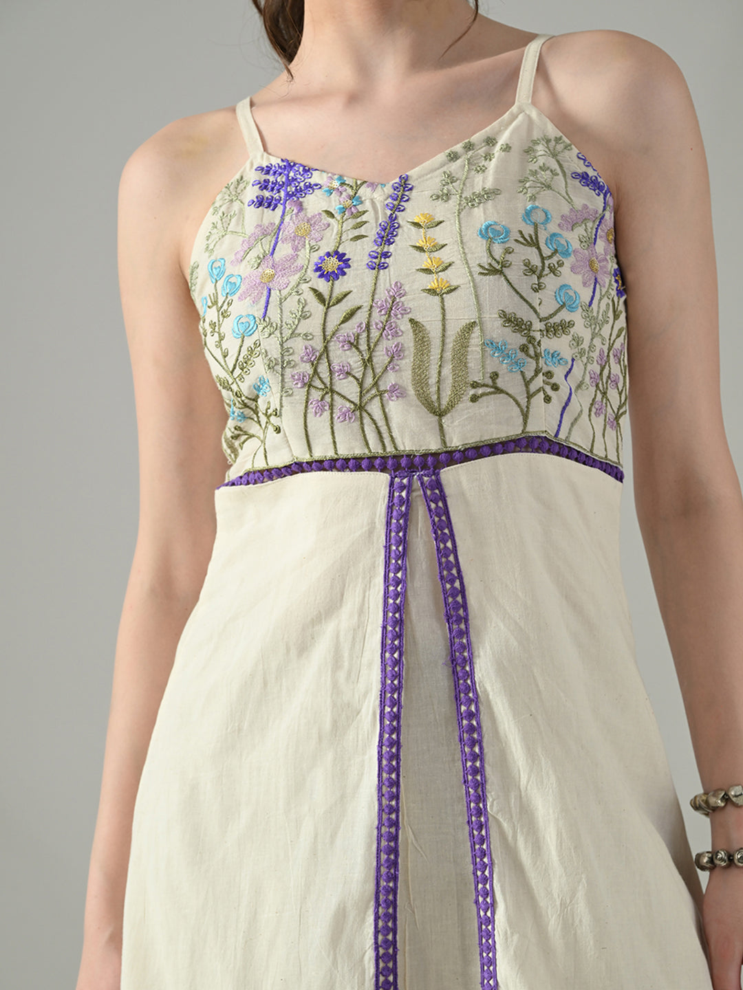 Myshka Women Off White Multicolor Thread Embroidered Strap Midi Dress - Distacart