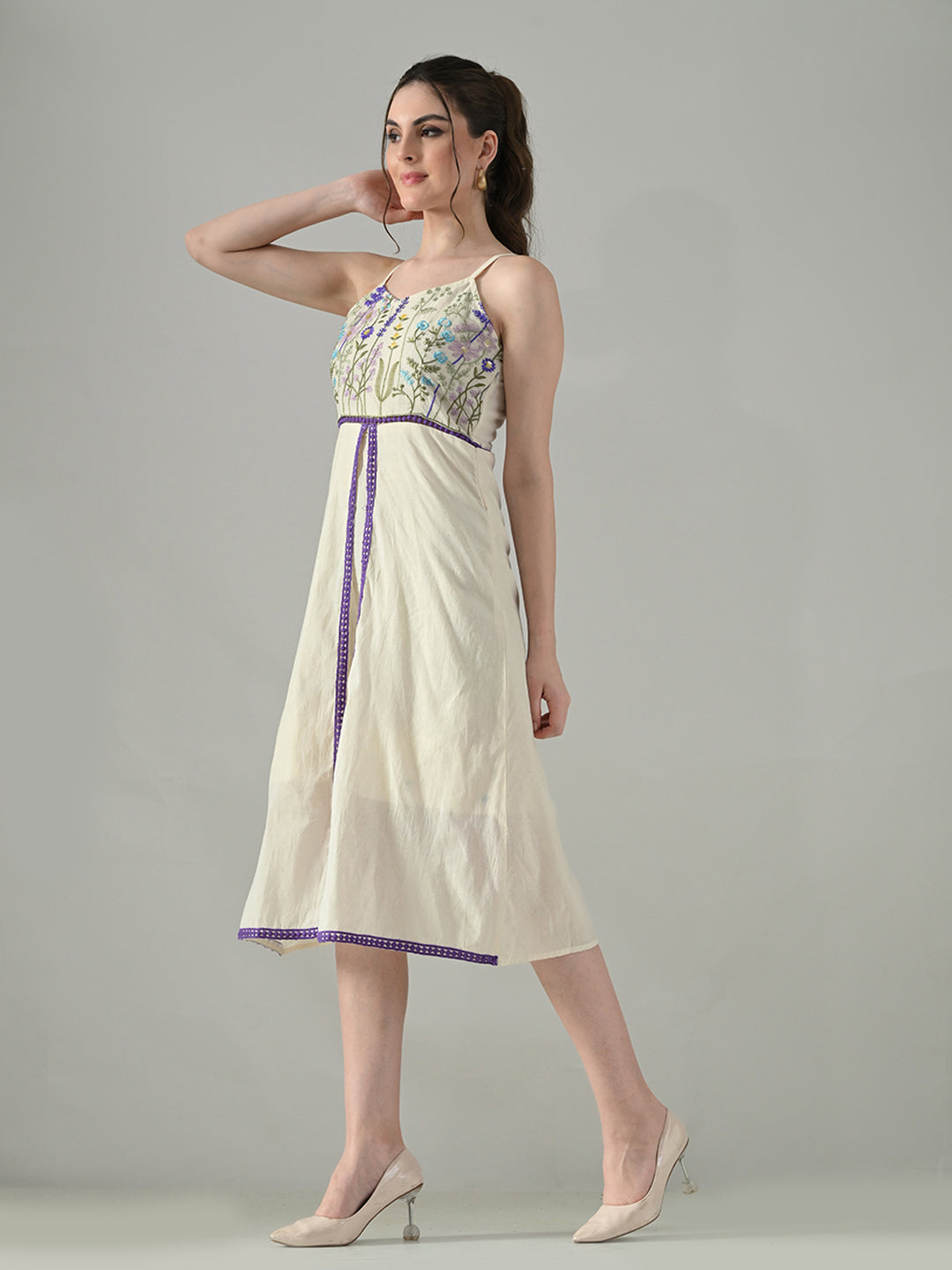 Myshka Women Off White Multicolor Thread Embroidered Strap Midi Dress - Distacart