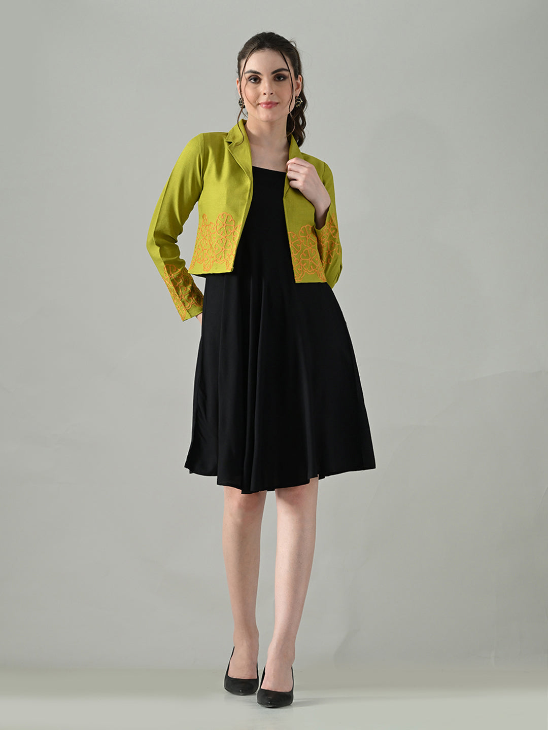 Myshka Women Green Embroidered Jacket With Black Knee Length Dress - Distacart