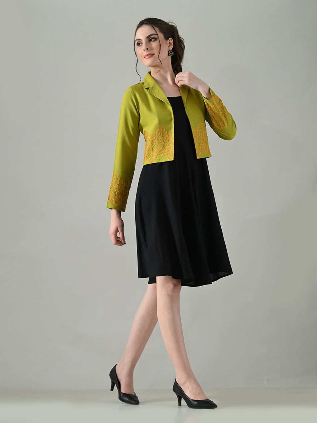 Myshka Women Green Embroidered Jacket With Black Knee Length Dress - Distacart