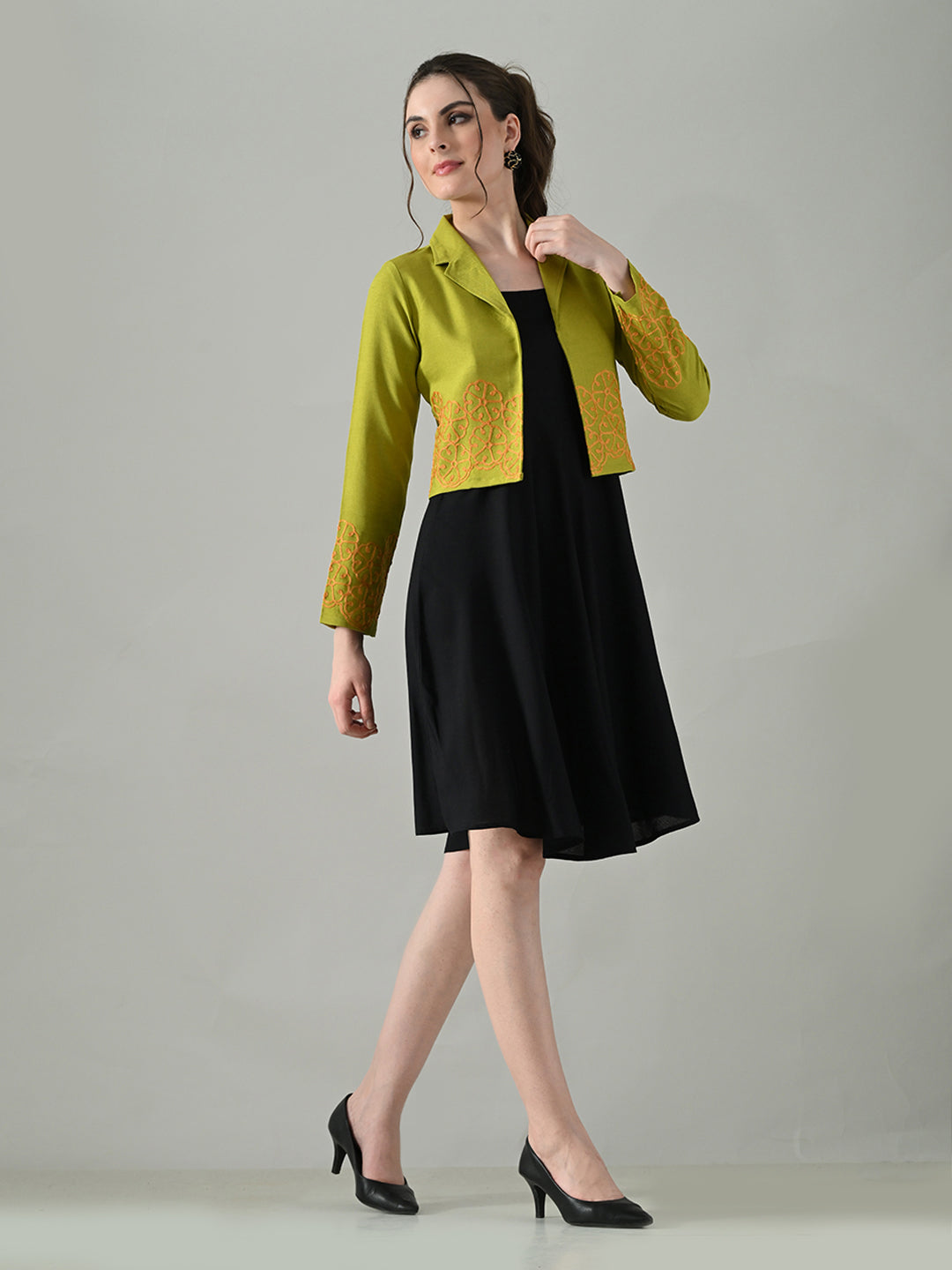Myshka Women Green Embroidered Jacket With Black Knee Length Dress - Distacart