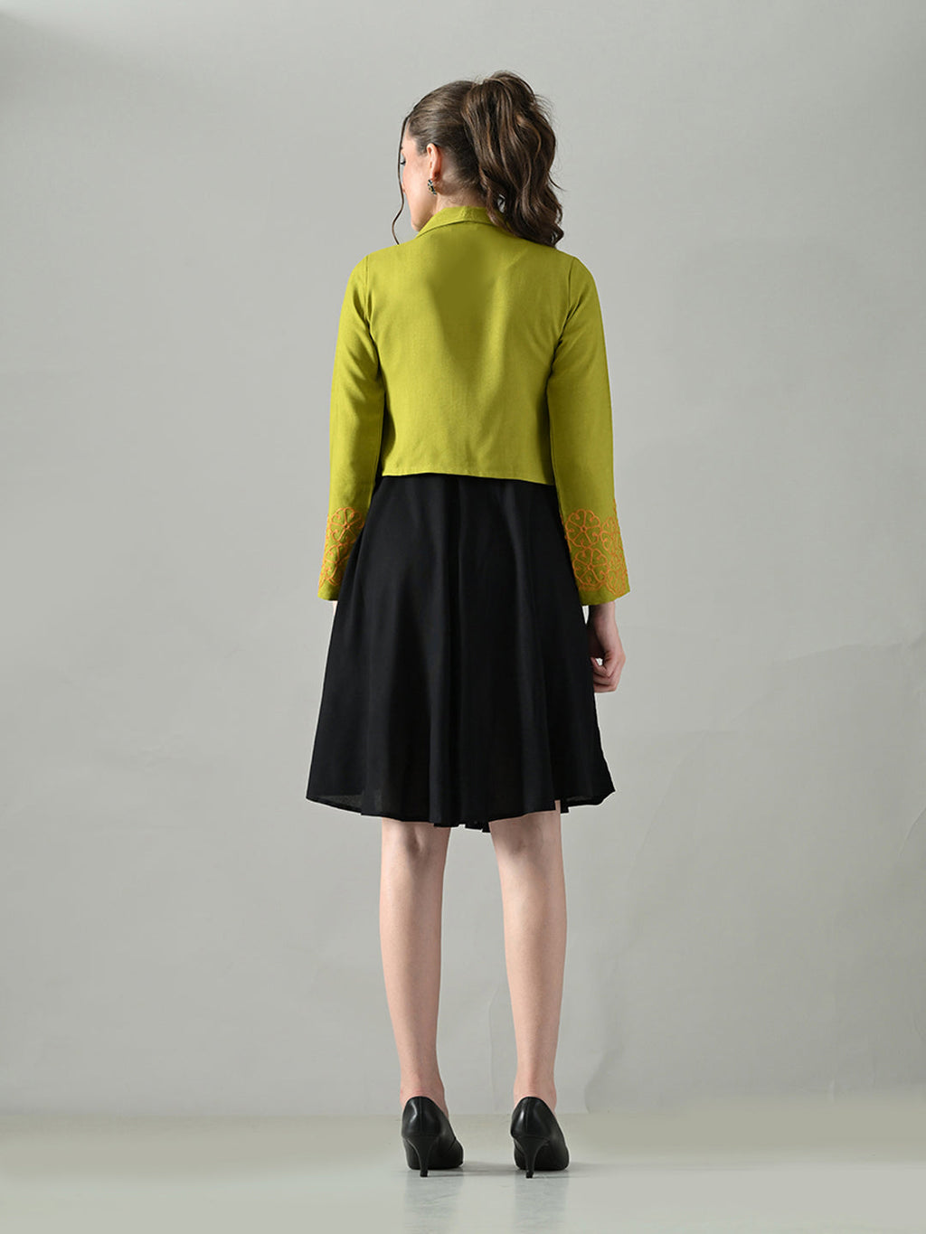 Myshka Women Green Embroidered Jacket With Black Knee Length Dress - Distacart