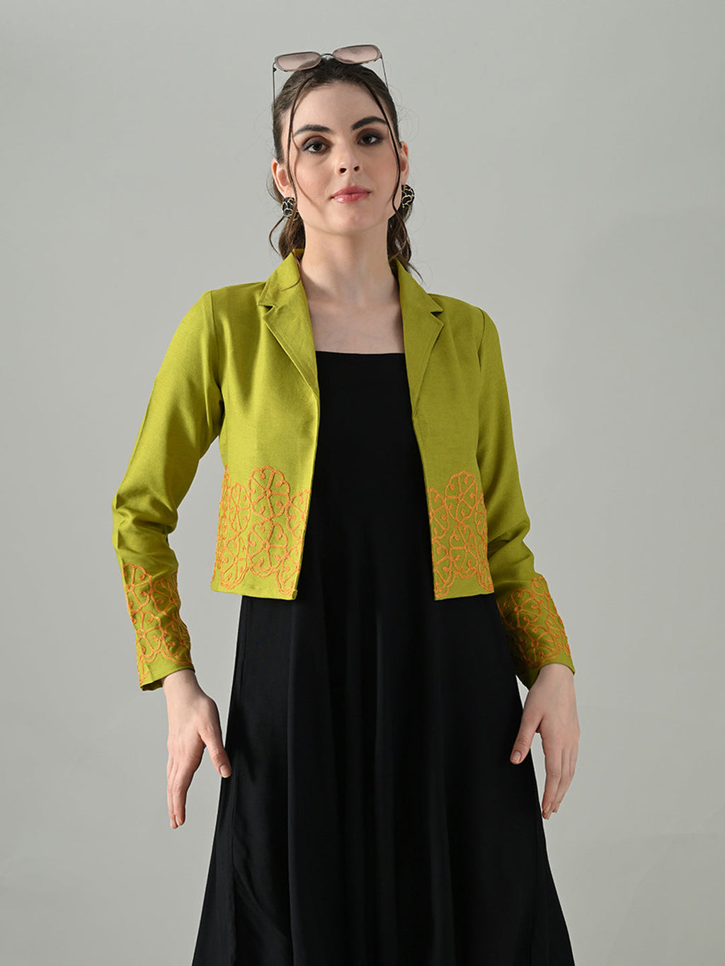 Myshka Women Green Embroidered Jacket With Black Knee Length Dress - Distacart
