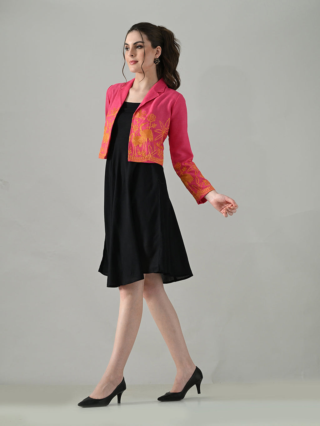 Myshka Women Pink Embroidered Jacket With Black Knee Length Dress - Distacart
