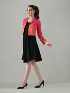 Myshka Women Pink Embroidered Jacket With Black Knee Length Dress - Distacart