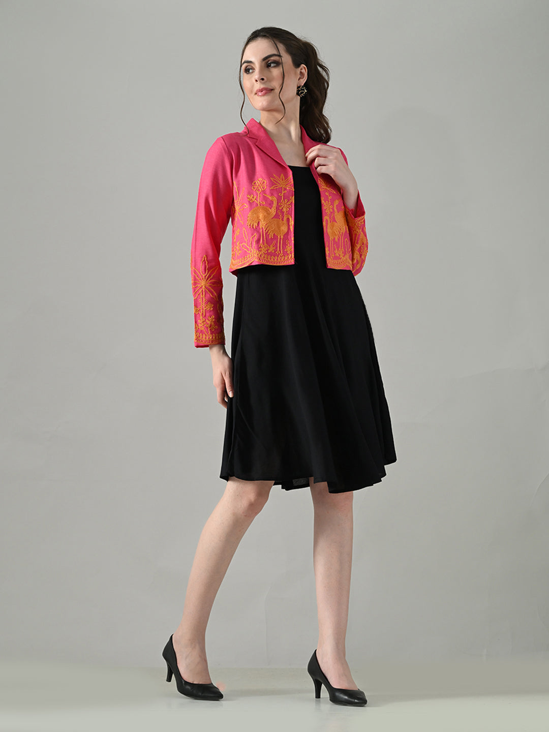 Myshka Women Pink Embroidered Jacket With Black Knee Length Dress - Distacart