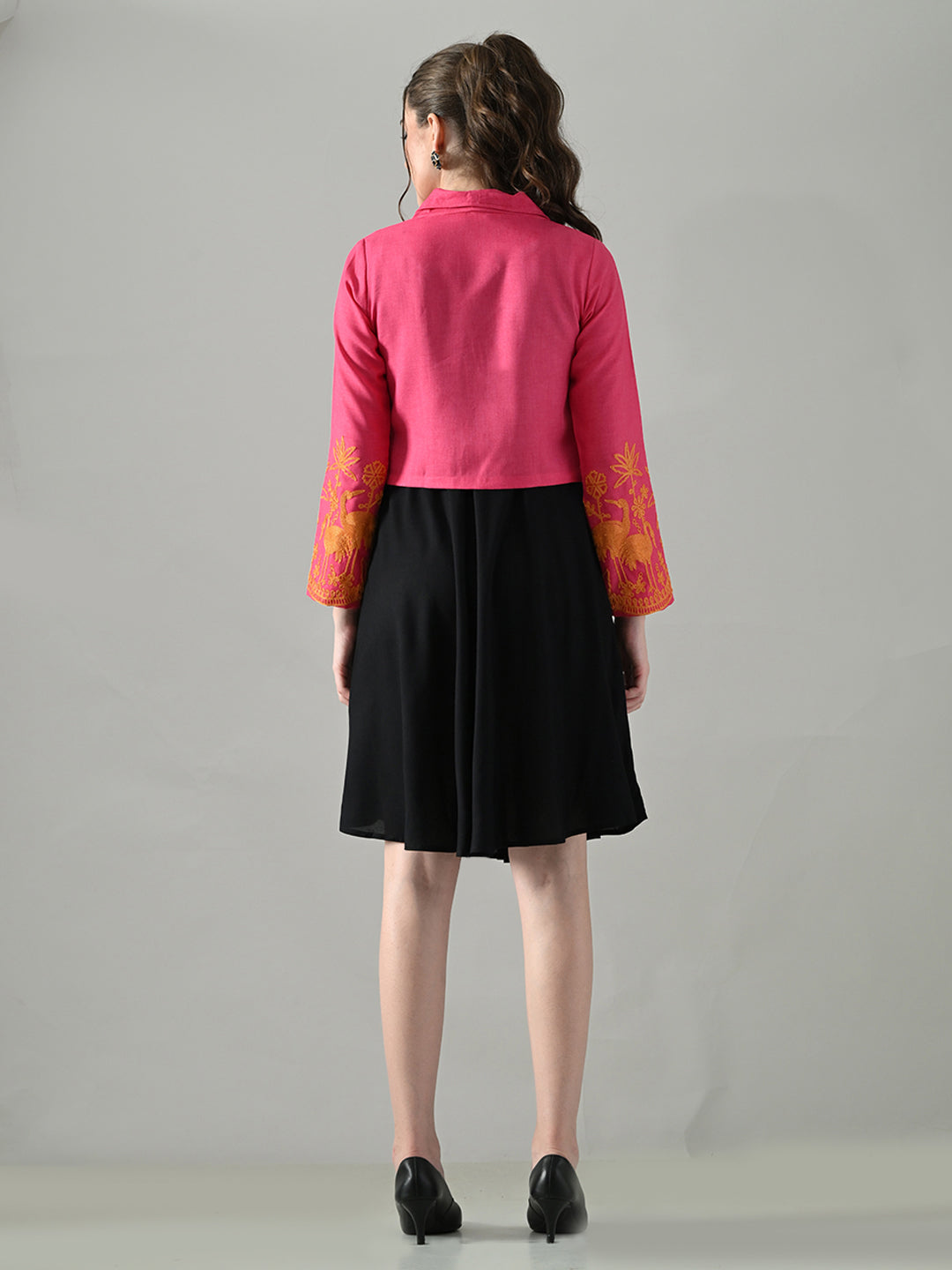 Myshka Women Pink Embroidered Jacket With Black Knee Length Dress - Distacart