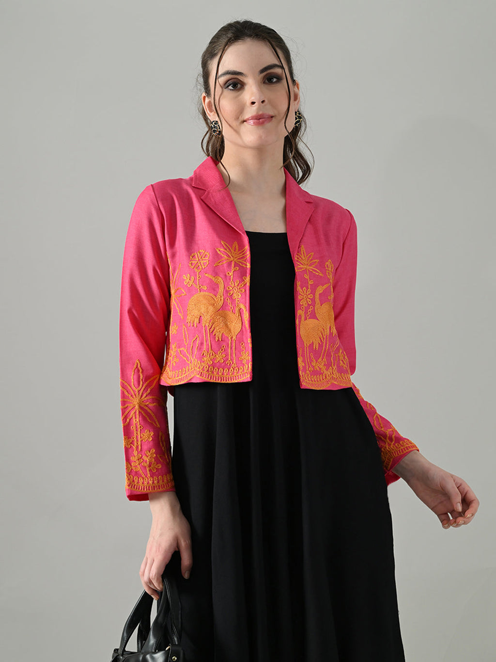 Myshka Women Pink Embroidered Jacket With Black Knee Length Dress - Distacart