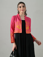 Myshka Women Pink Embroidered Jacket With Black Knee Length Dress - Distacart