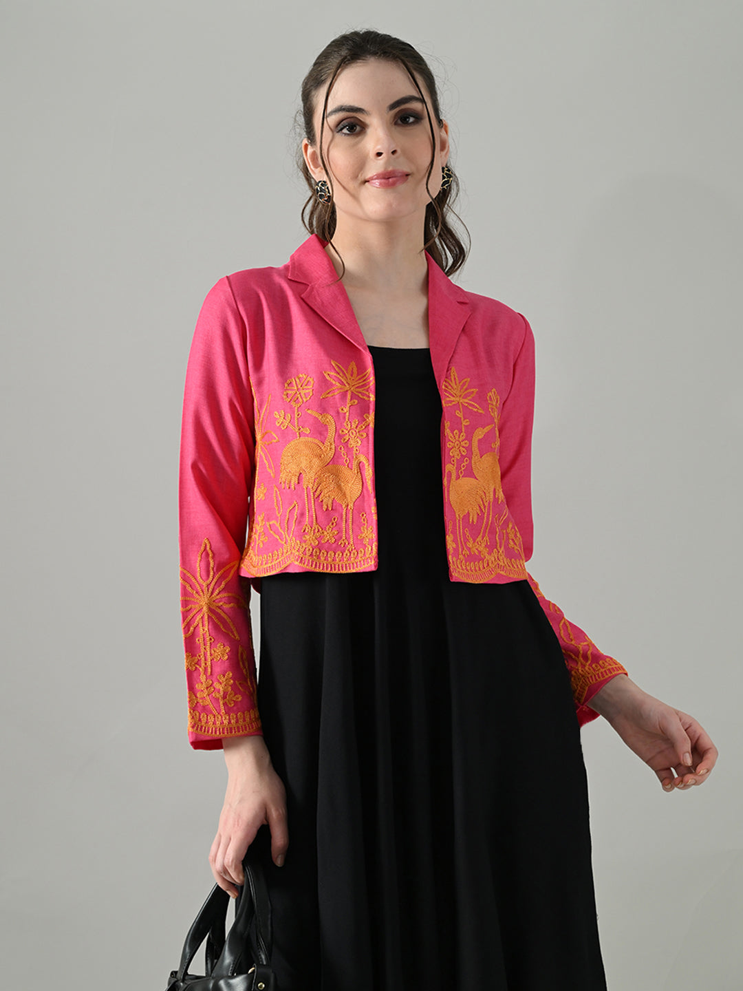 Myshka Women Pink Embroidered Jacket With Black Knee Length Dress - Distacart