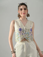 Myshka Women Off White Multicolor Thread Embroidered Co-Ord Set