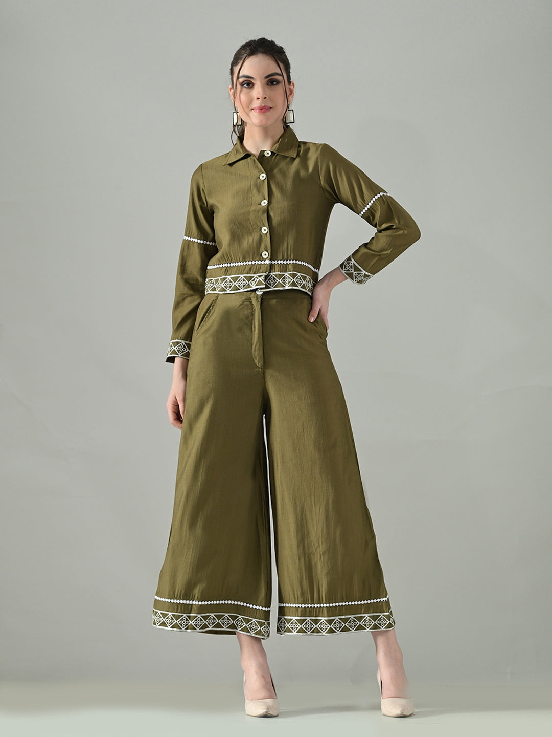 Myshka Women Olive Green Embroidered Co-Ord Set - Distacart