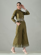 Myshka Women Olive Green Embroidered Co-Ord Set - Distacart