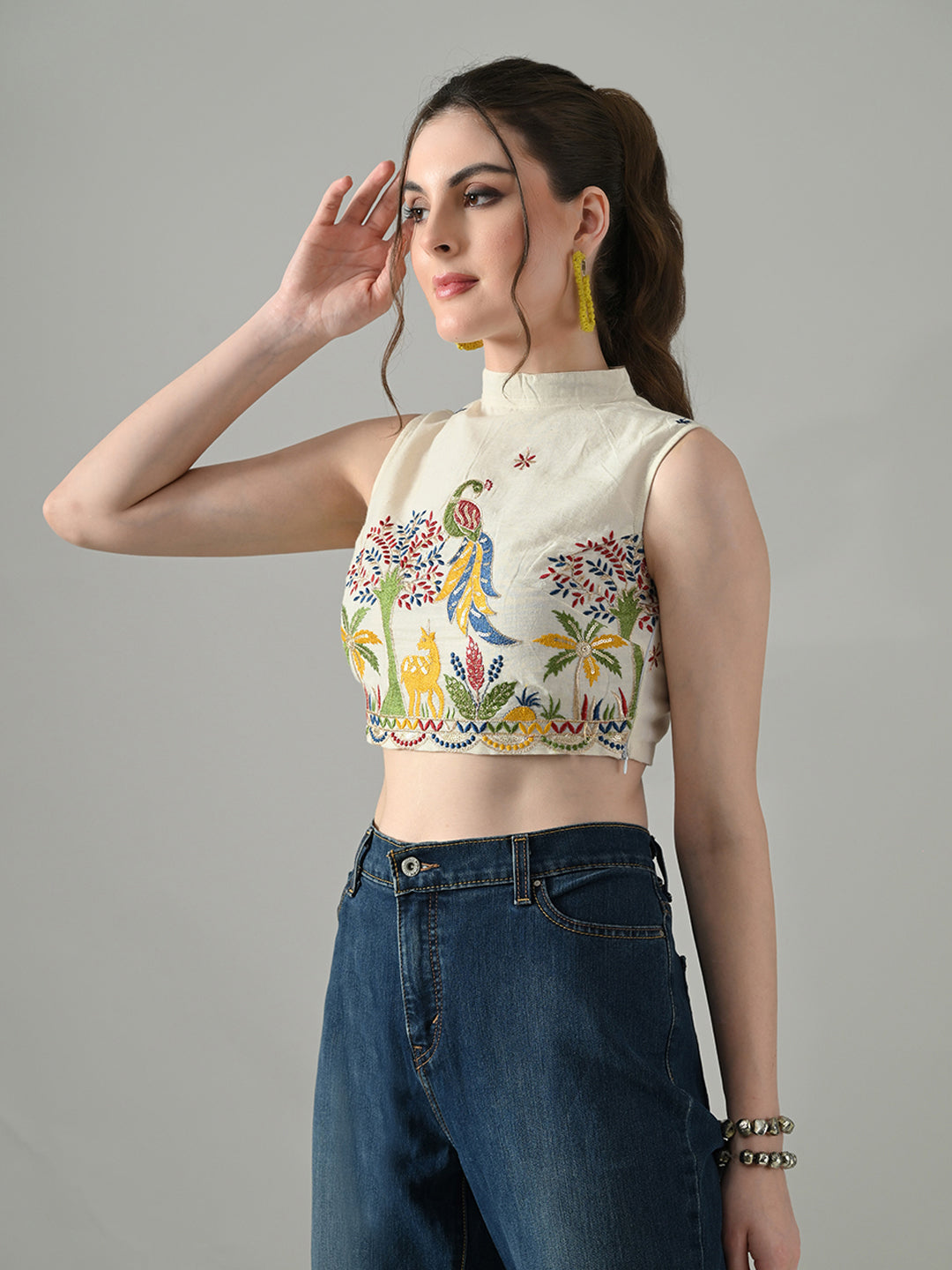 Myshka Women Off White Multicolor Thread Embroidered Saree Blouse - Distacart