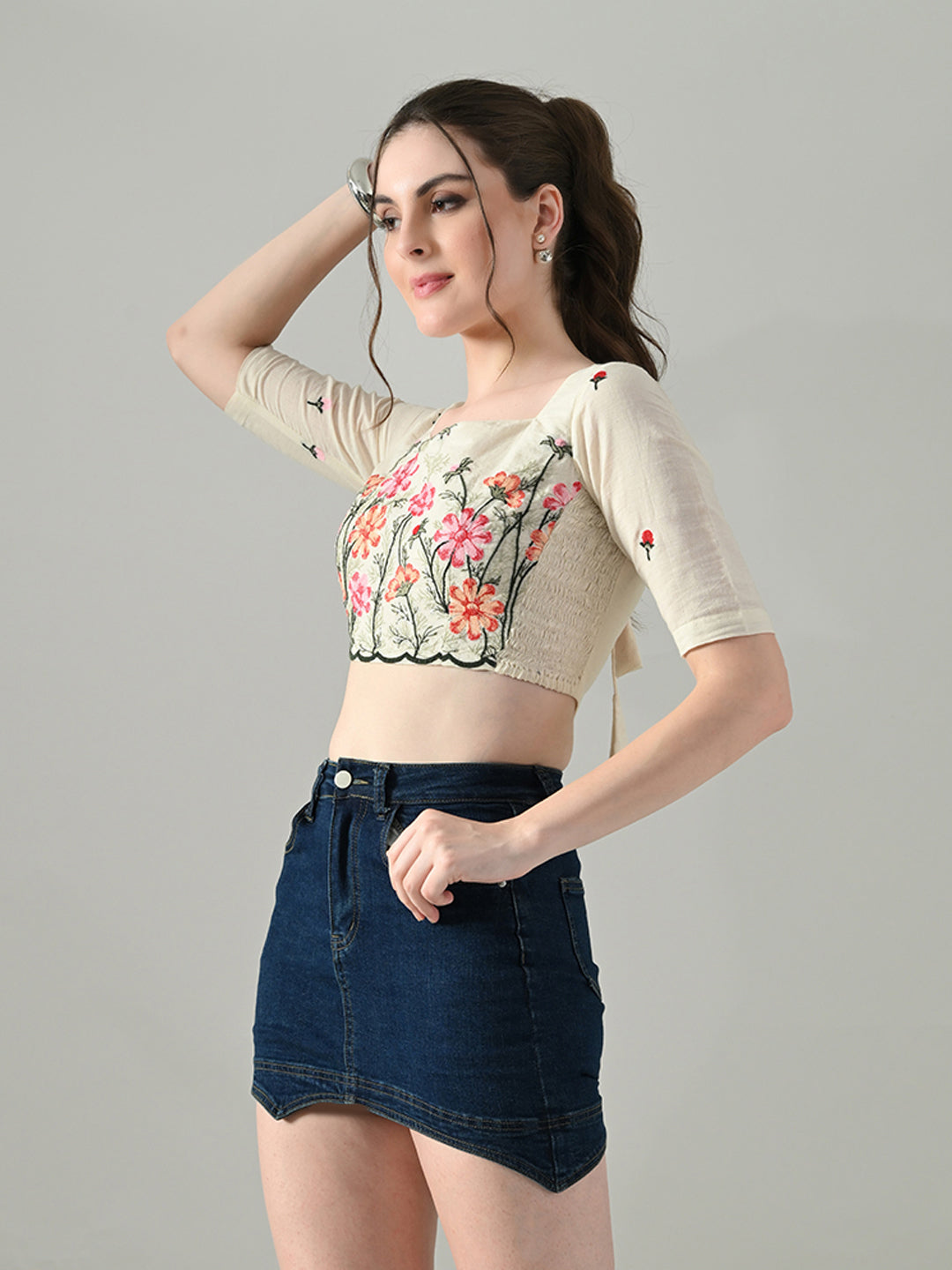 Myshka Women Off White Multicolor Thread Embroidered Saree Blouse - Distacart