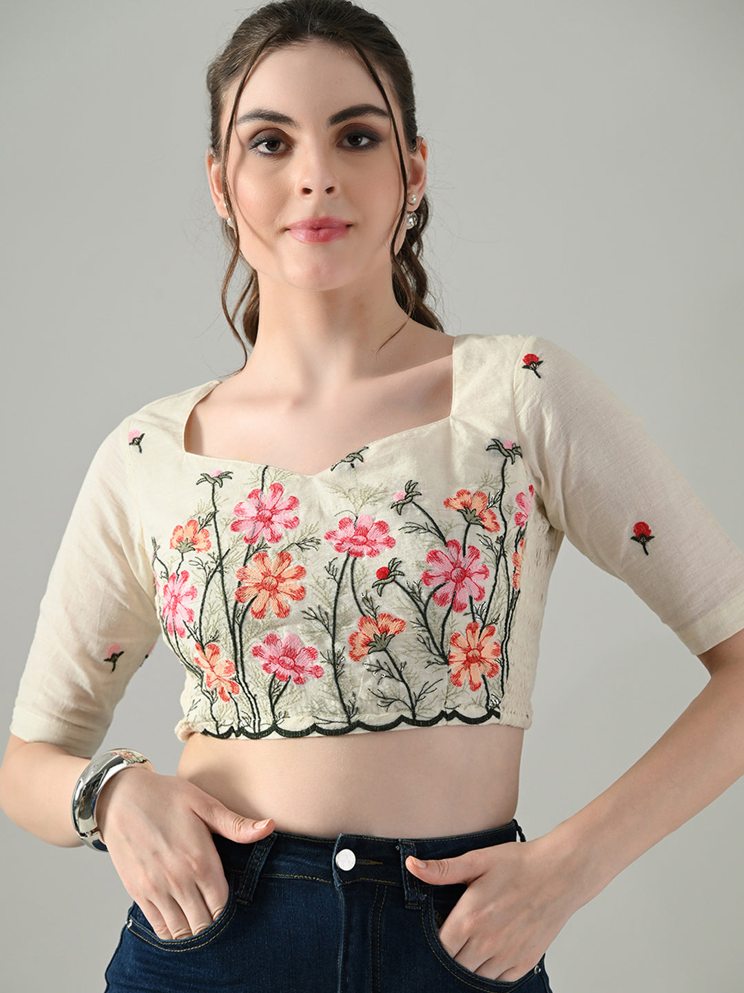 Myshka Women Off White Multicolor Thread Embroidered Saree Blouse - Distacart