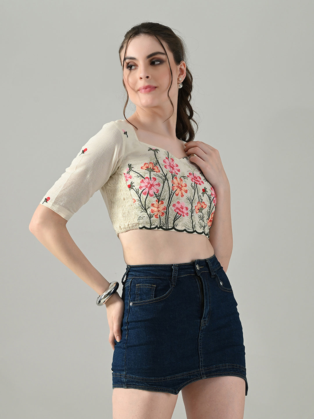 Myshka Women Off White Multicolor Thread Embroidered Saree Blouse - Distacart
