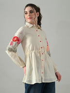 Myshka Women Off White Multicolor Thread Embroidered Shirt - Distacart