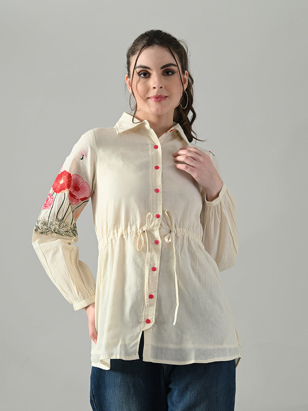 Myshka Women Off White Multicolor Thread Embroidered Shirt - Distacart
