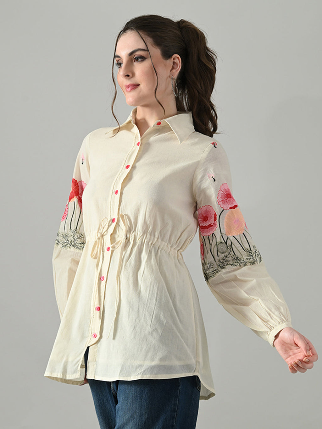 Myshka Women Off White Multicolor Thread Embroidered Shirt - Distacart